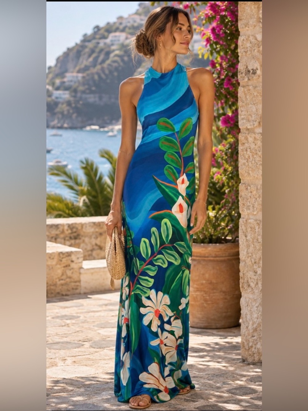 NWT Farm Rio Blue Tropical Floral Halter Maxi Dress XXS $228